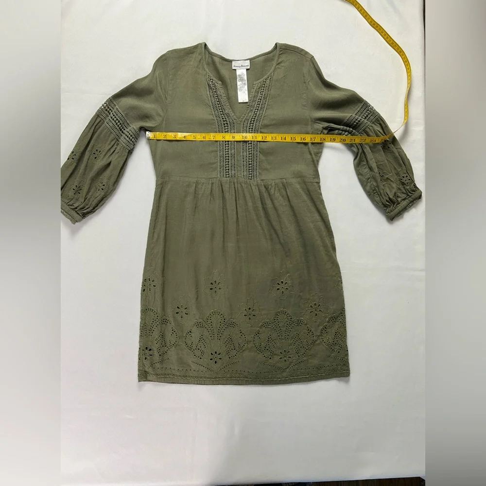 Tommy Bahama Olive Green Linen Viscose Eyelet Boho Peasant Dress - Picture 7 of 14